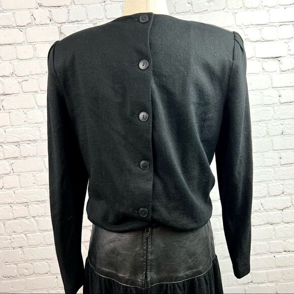 Vintage 80s Samuel Blue Jersey Wool Dress Leather Trimmed Waist Made in USA - Picture 5 of 12